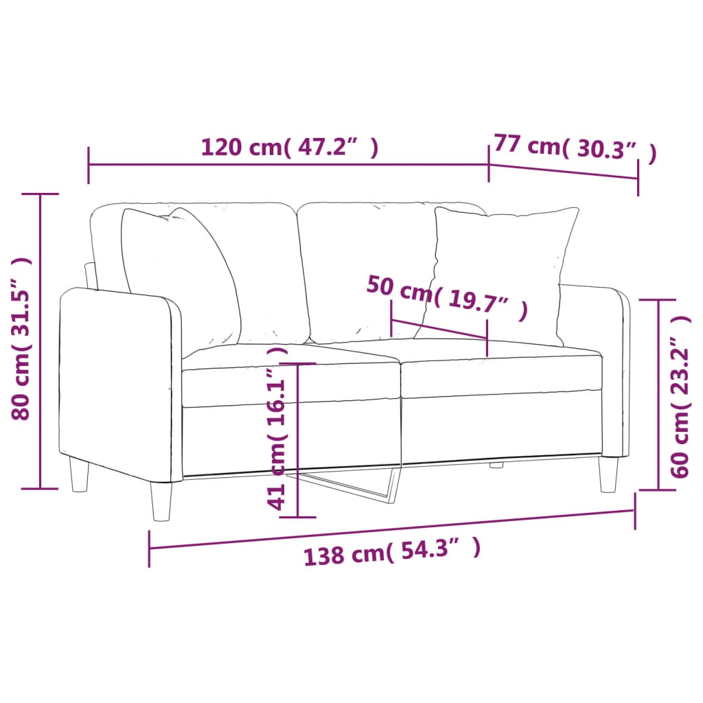 2-местен диван с декоративни възглавници светлосив 120 см плат