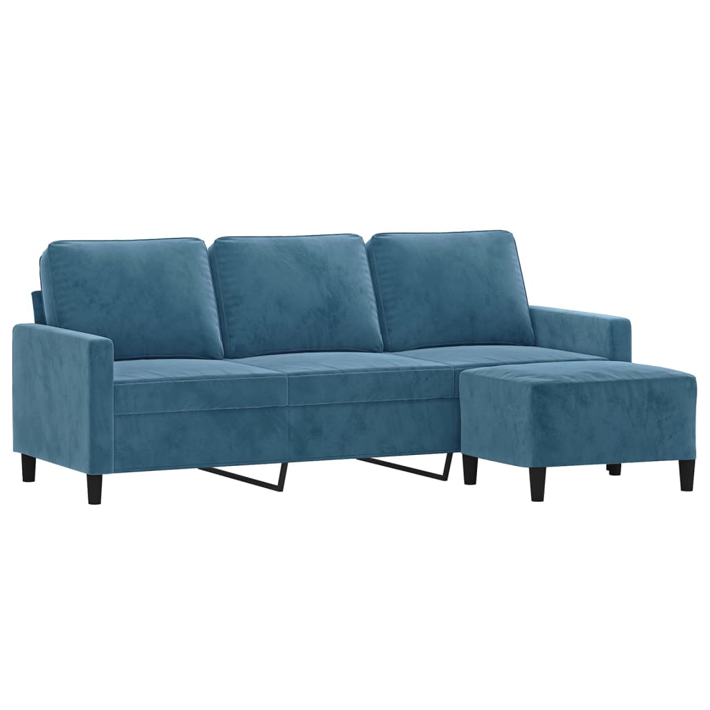 3-местен диван с табуретка, Синьо, 180 см, кадифе
