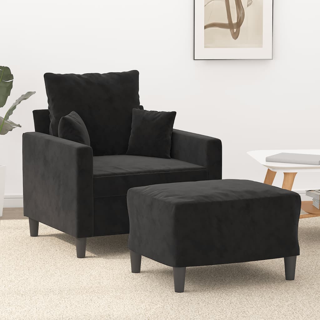 Кресло с табуретка, черно, 60 см, кадифе