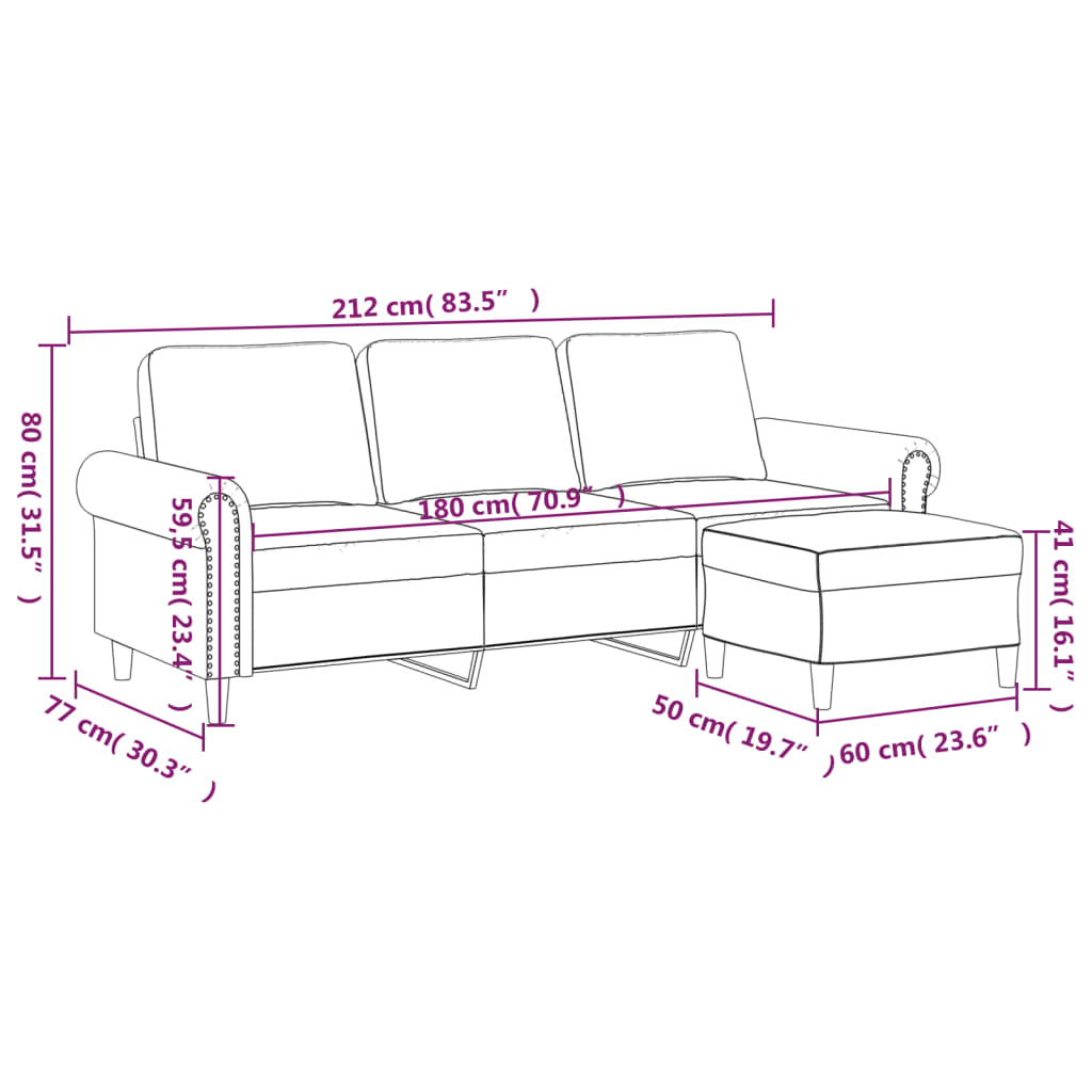 3-местен диван с табуретка, тъмносив, 180 см, кадифе