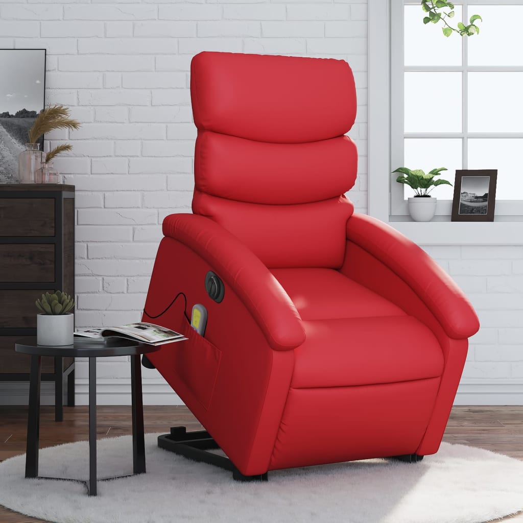 Електрически изправящ масажен реклайнер стол, червен, еко кожа