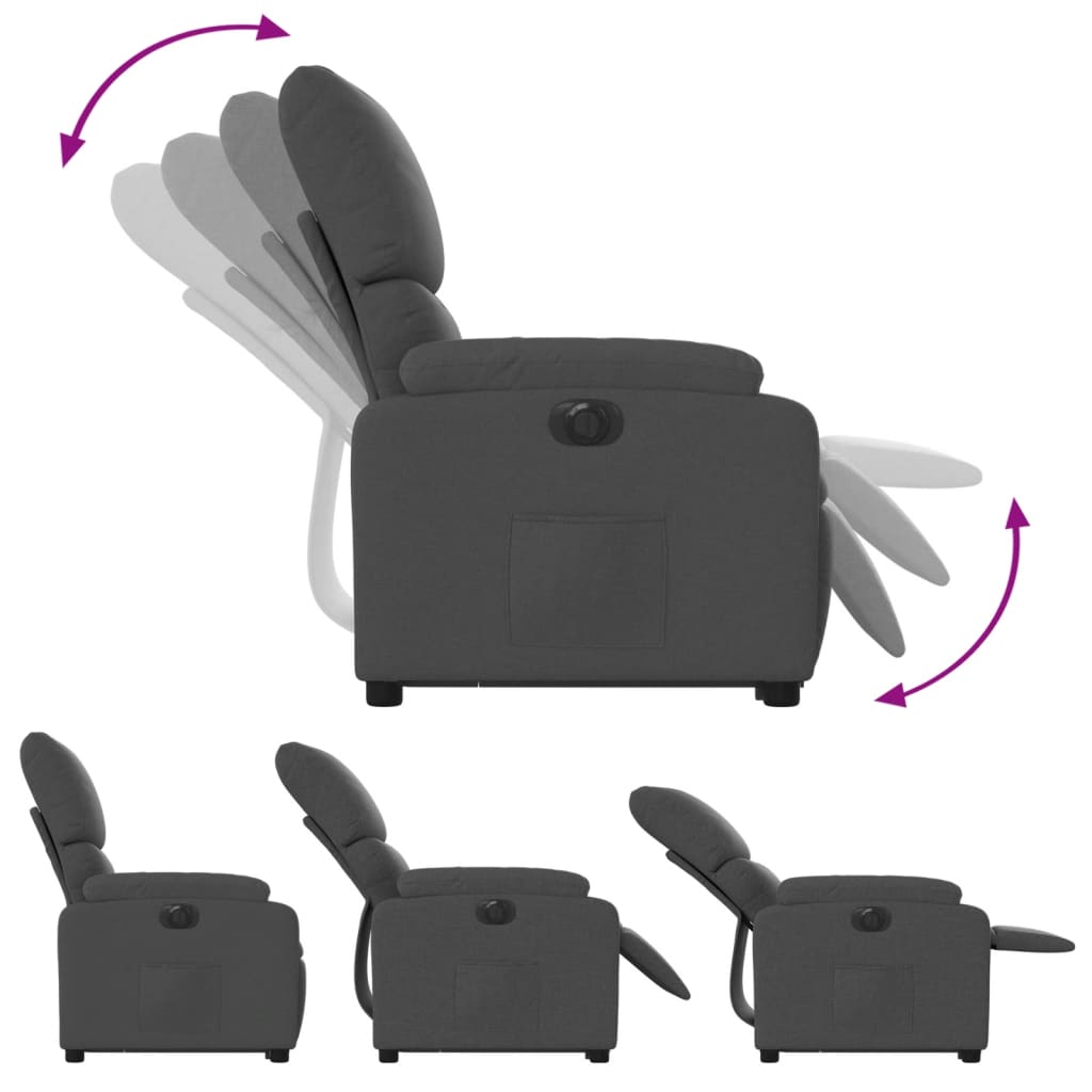 Електрически изправящ реклайнер стол, тъмносив, текстил