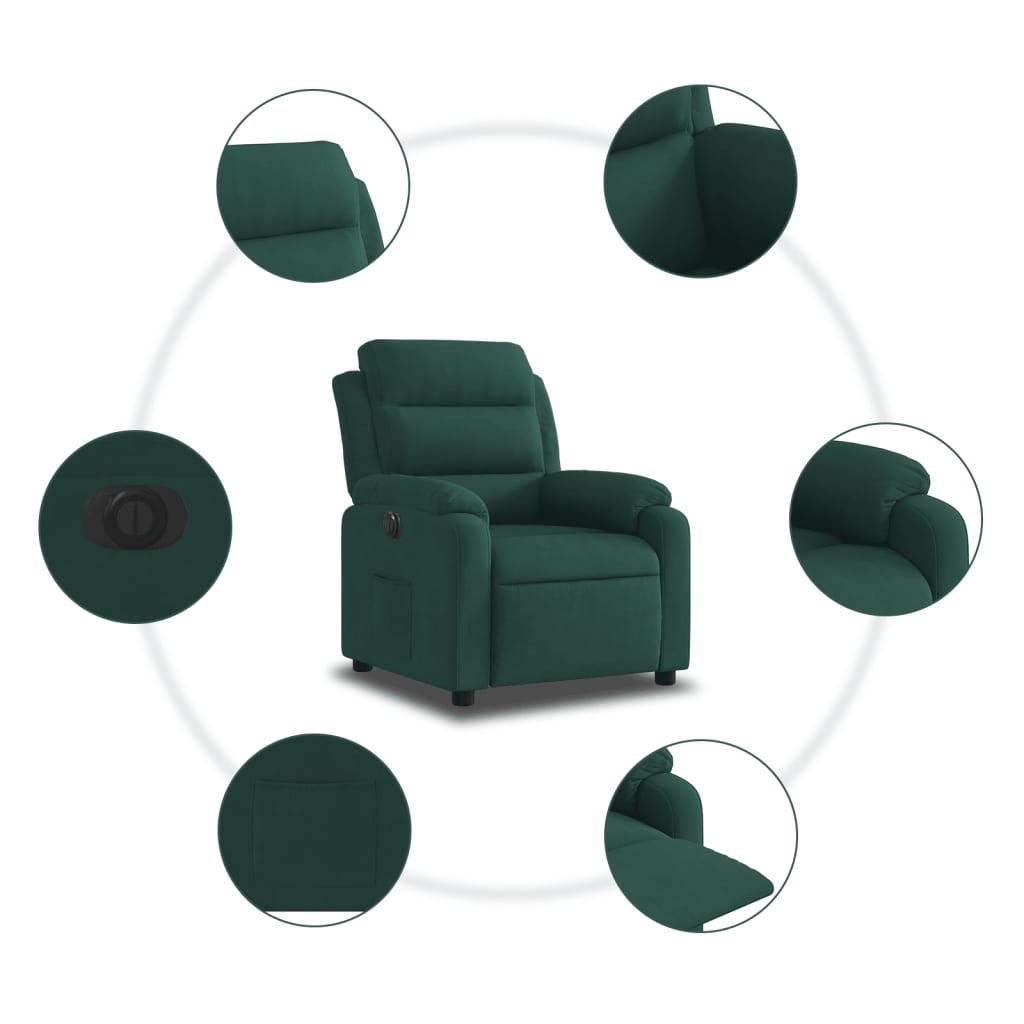 Електрически реклайнер стол, тъмнозелен, кадифе