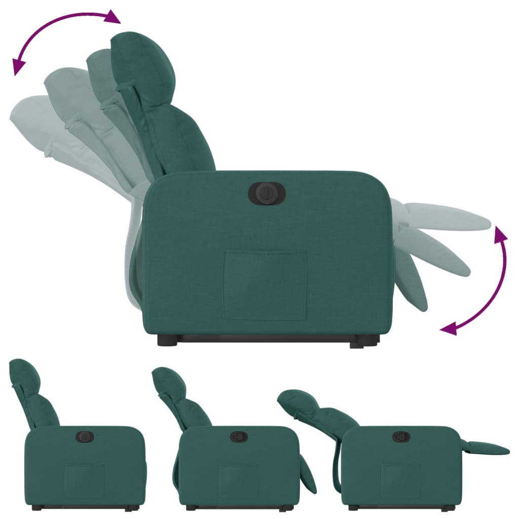 Електрически изправящ реклайнер стол, тъмнозелен, текстил