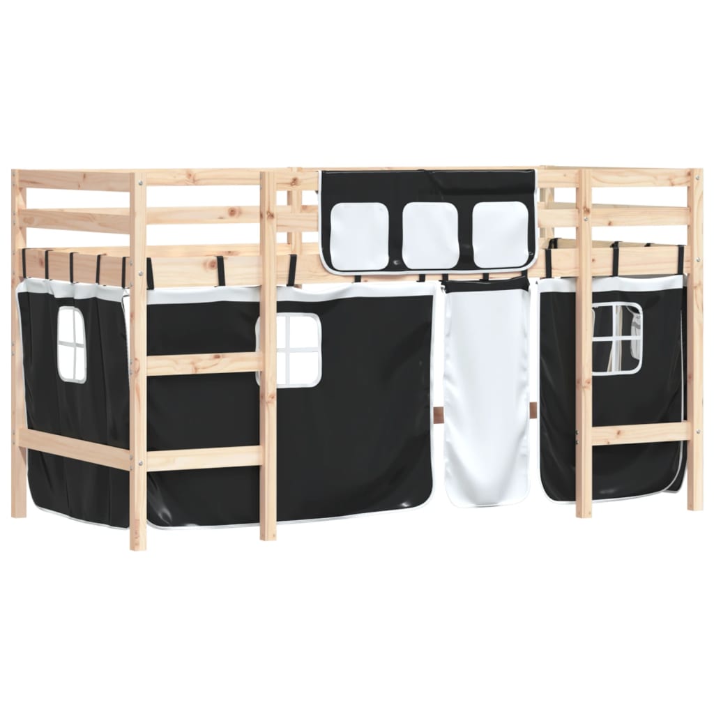 Детско високо легло със завеси бяло и черно 80x200 см бор масив