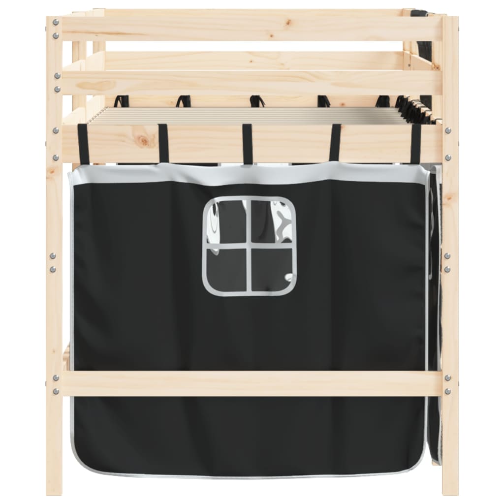 Детско високо легло със завеси бяло и черно 80x200 см бор масив