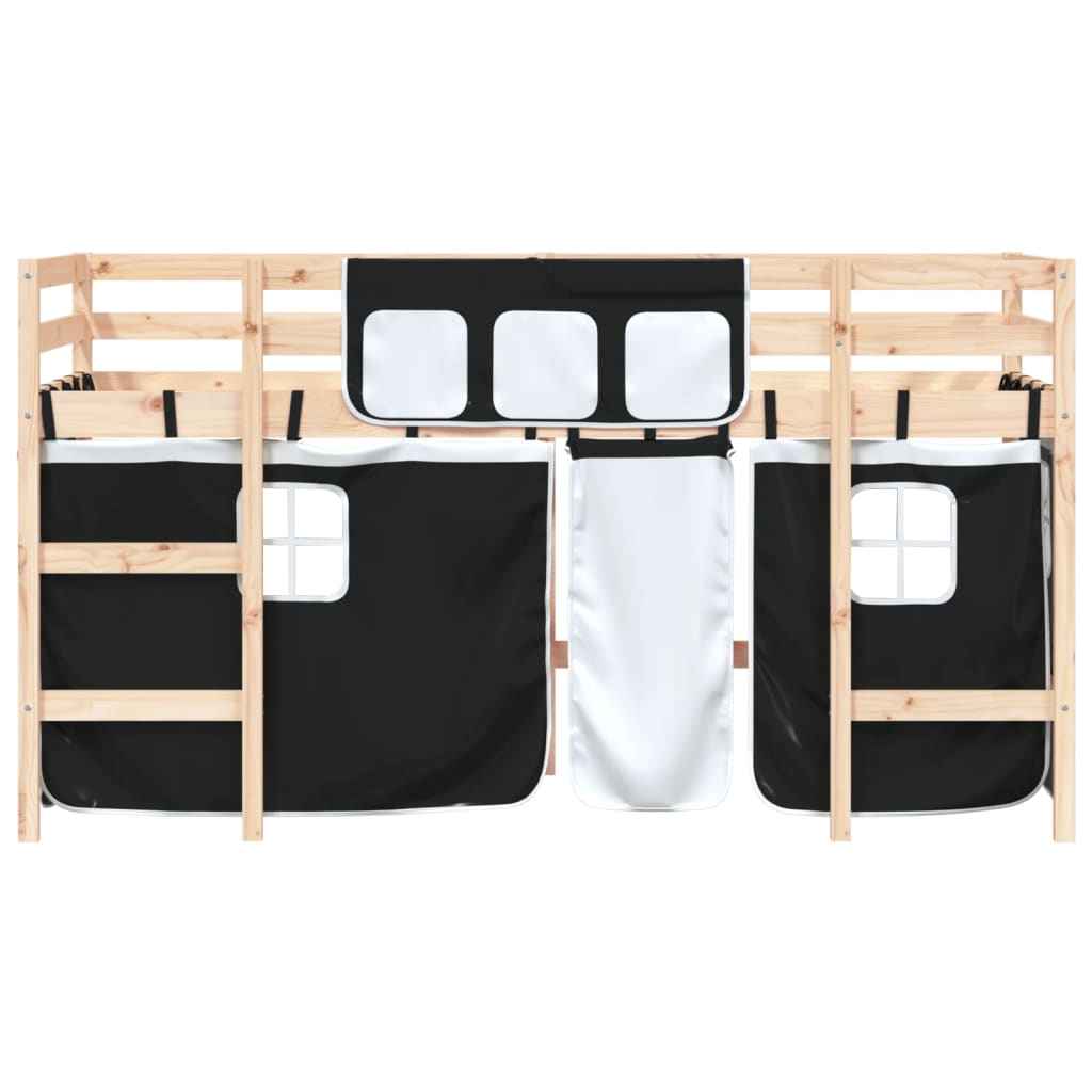 Детско високо легло със завеси бяло и черно 90x200 см бор масив