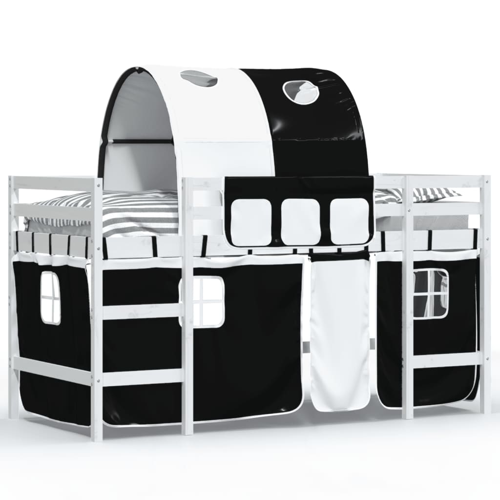 Детско високо легло с тунел, бяло и черно, 90x200 см, бор масив