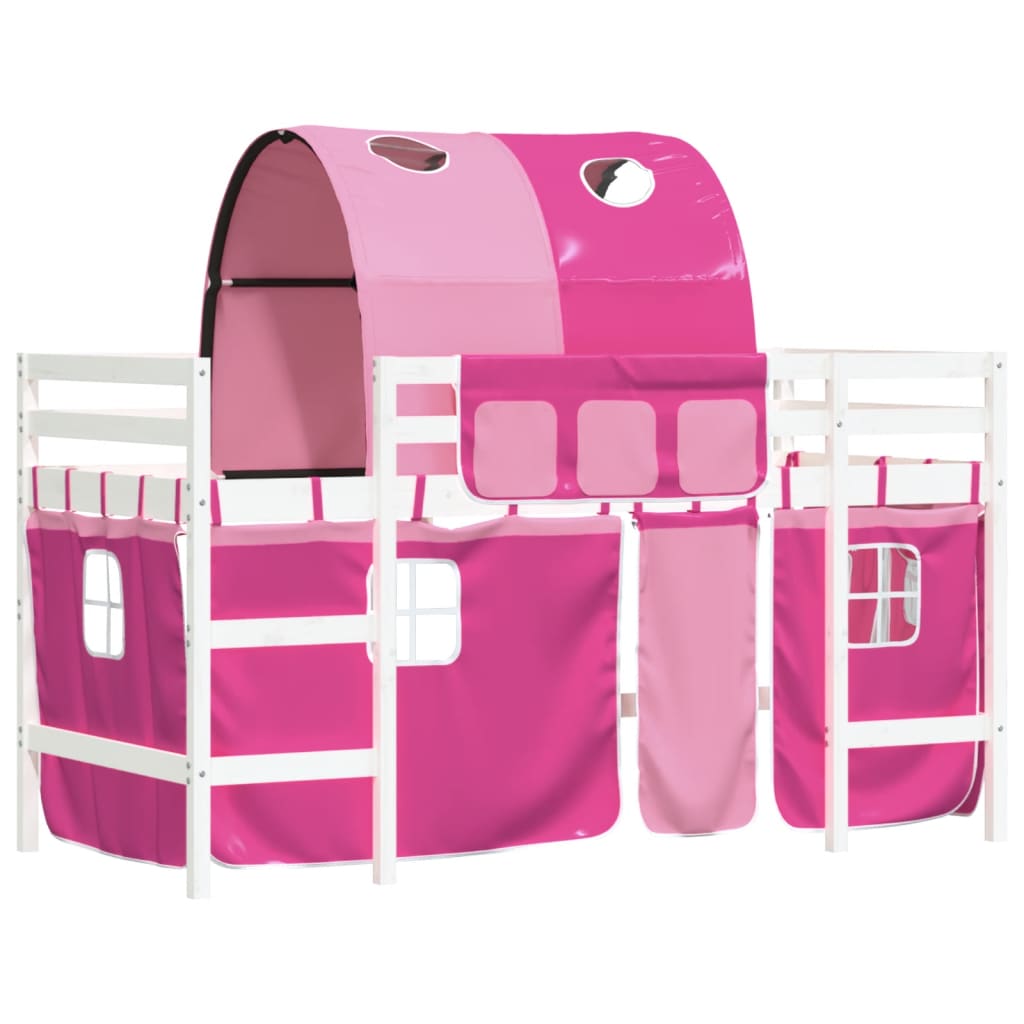 Детско високо легло с тунел, розово, 90x200 см, бор масив