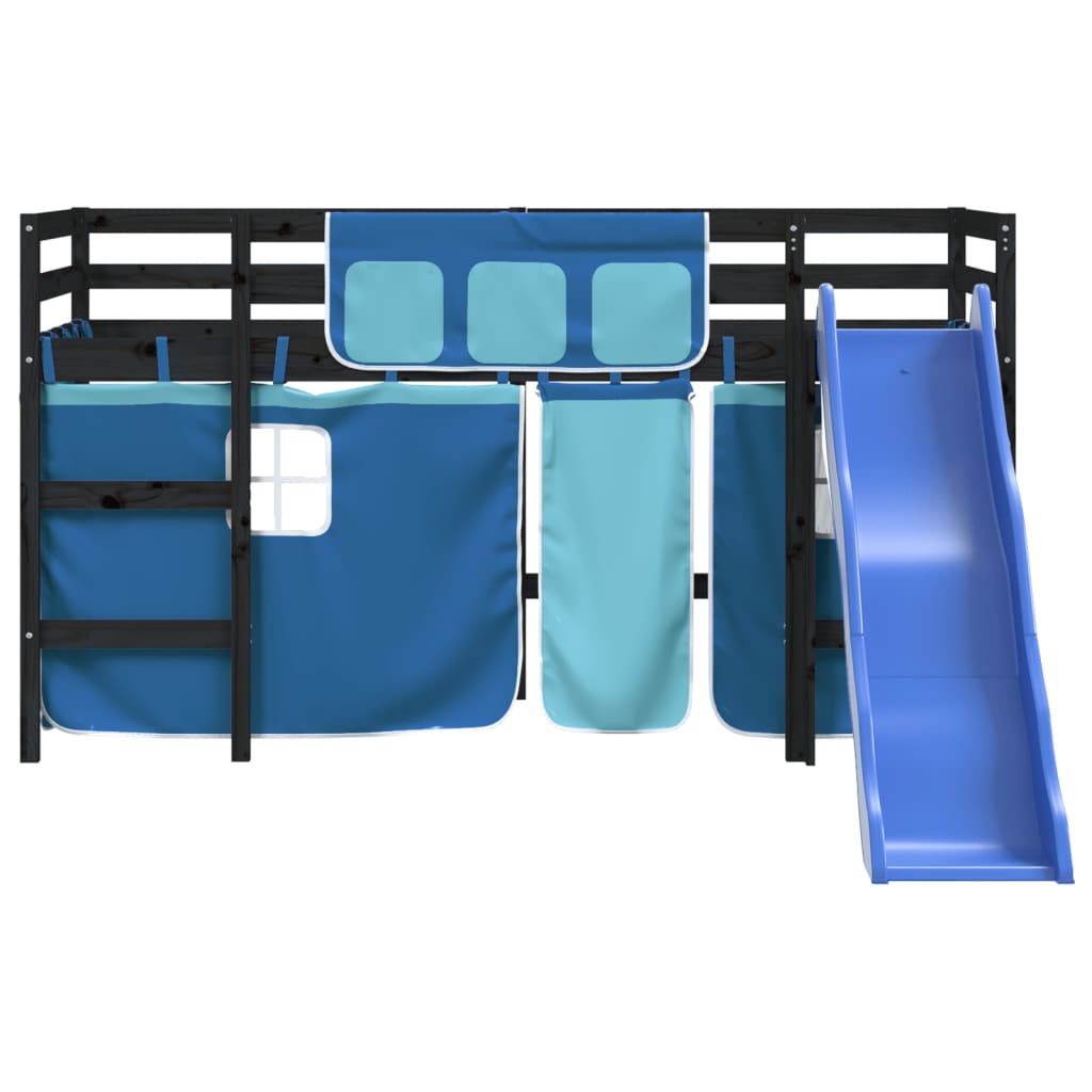Детско високо легло със завеси, синьо, 80x200 см, бор масив