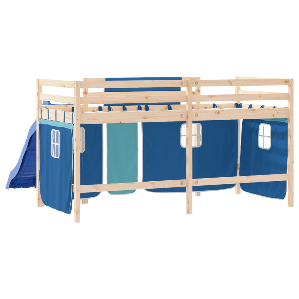Детско високо легло със завеси, синьо, 90x190 см, бор масив