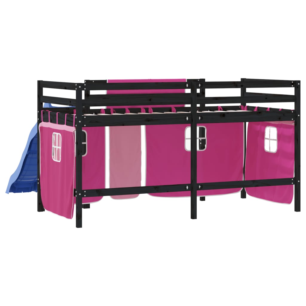 Детско високо легло със завеси розово 90x190 см бор масив