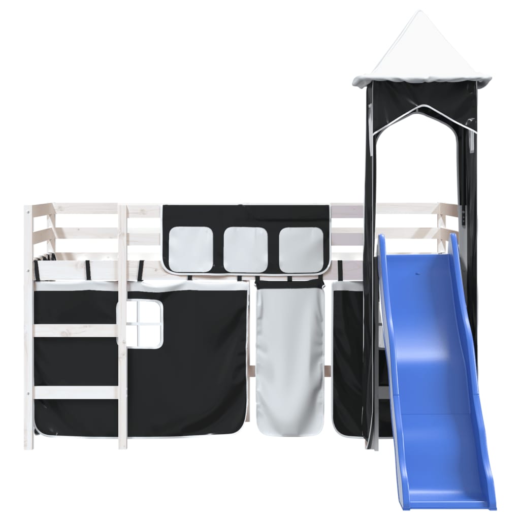 Детско високо легло с кула, бяло и черно, 90x200 см, бор масив