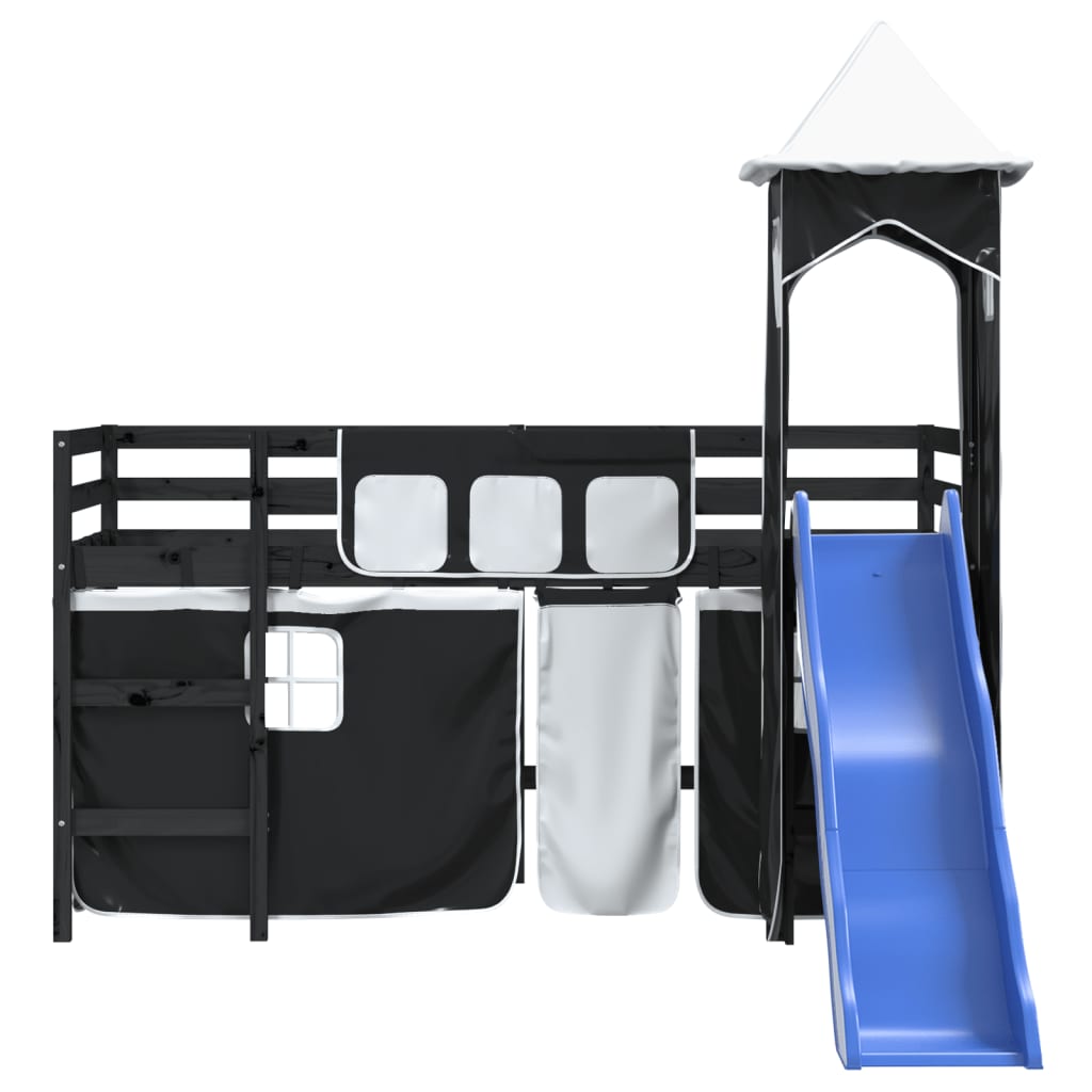 Детско високо легло с кула, бяло и черно, 90x200 см, бор масив