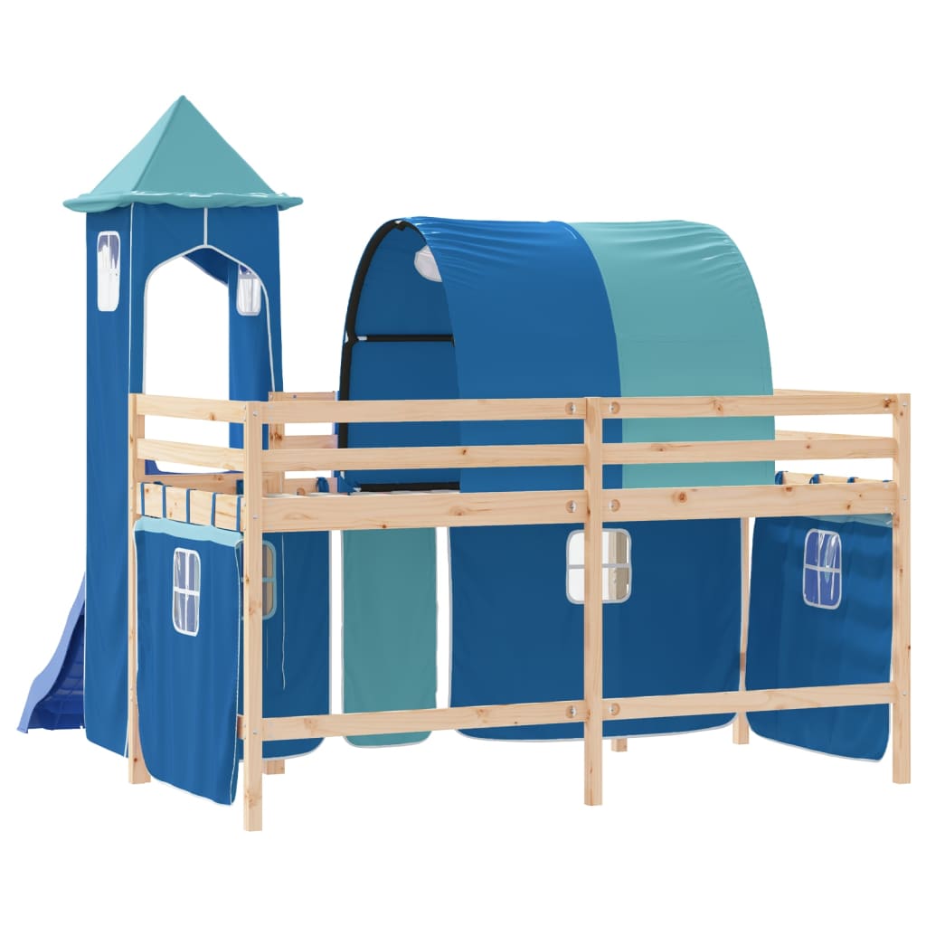 Детско високо легло с кула, синьо, 80x200 см, бор масив