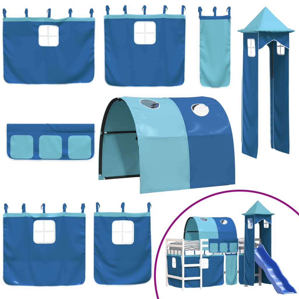 Детско високо легло с кула, синьо, 90x200 см, бор масив