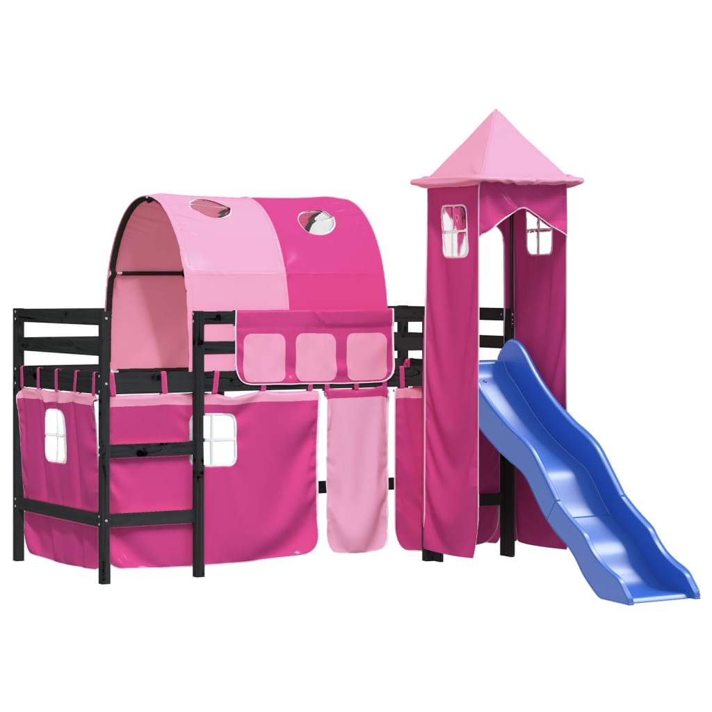 Детско високо легло с кула, розово, 90x200 см, бор масив