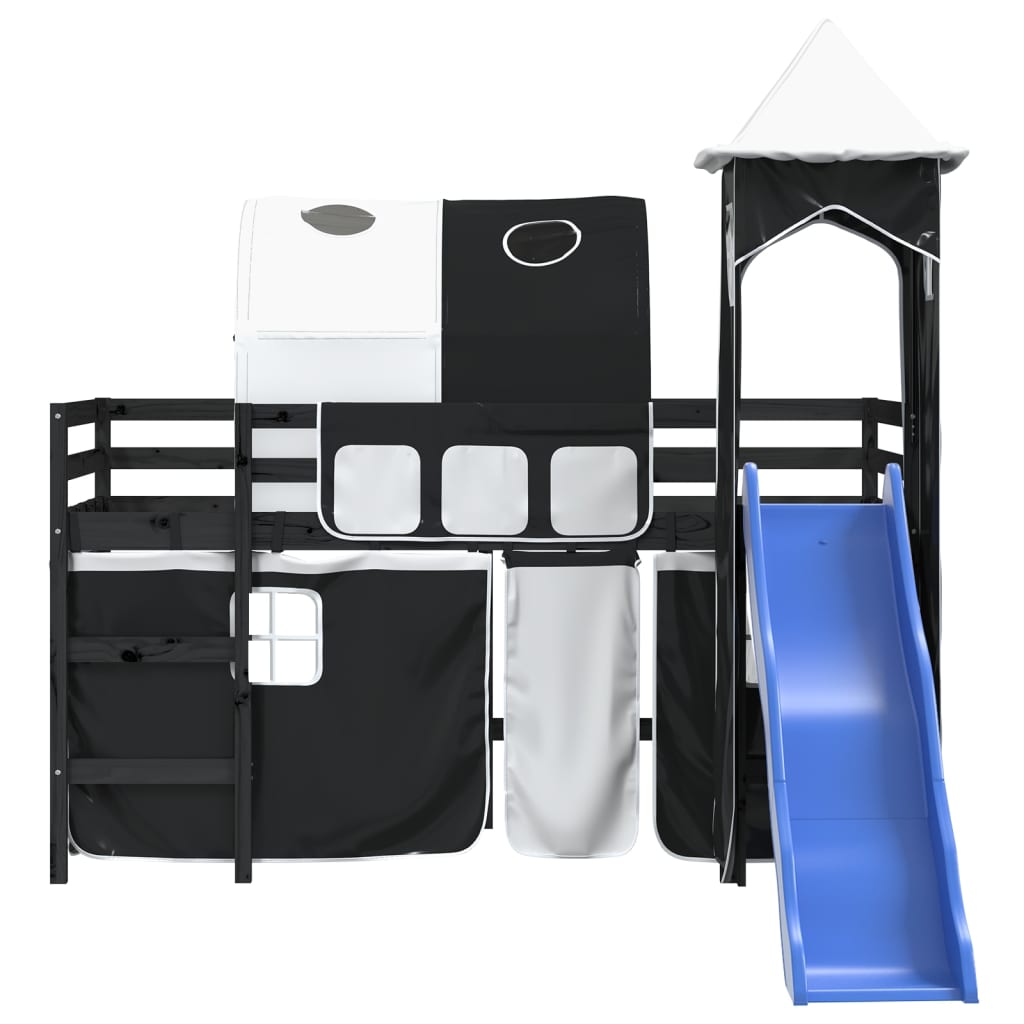 Детско високо легло с кула, бяло и черно, 90x190 см, бор масив