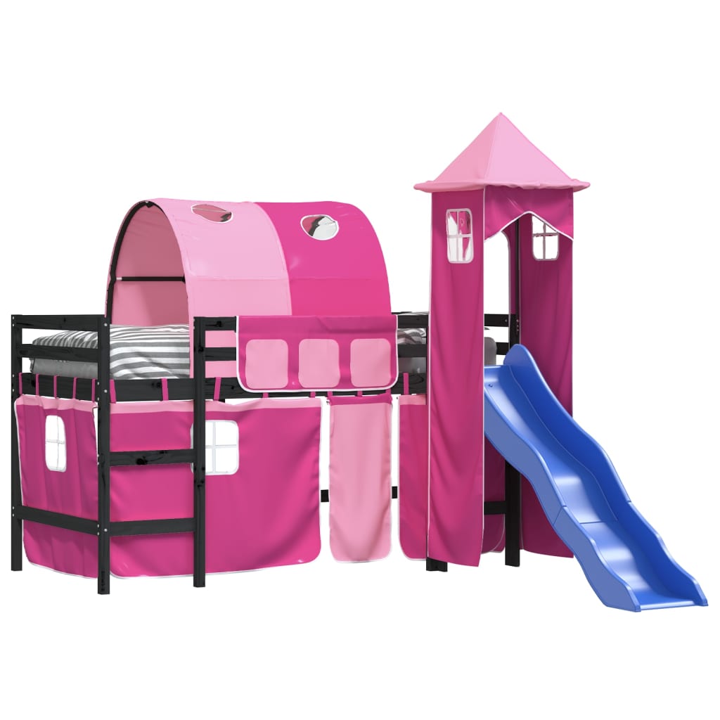 Детско високо легло с кула, розово, 90x190 см, бор масив
