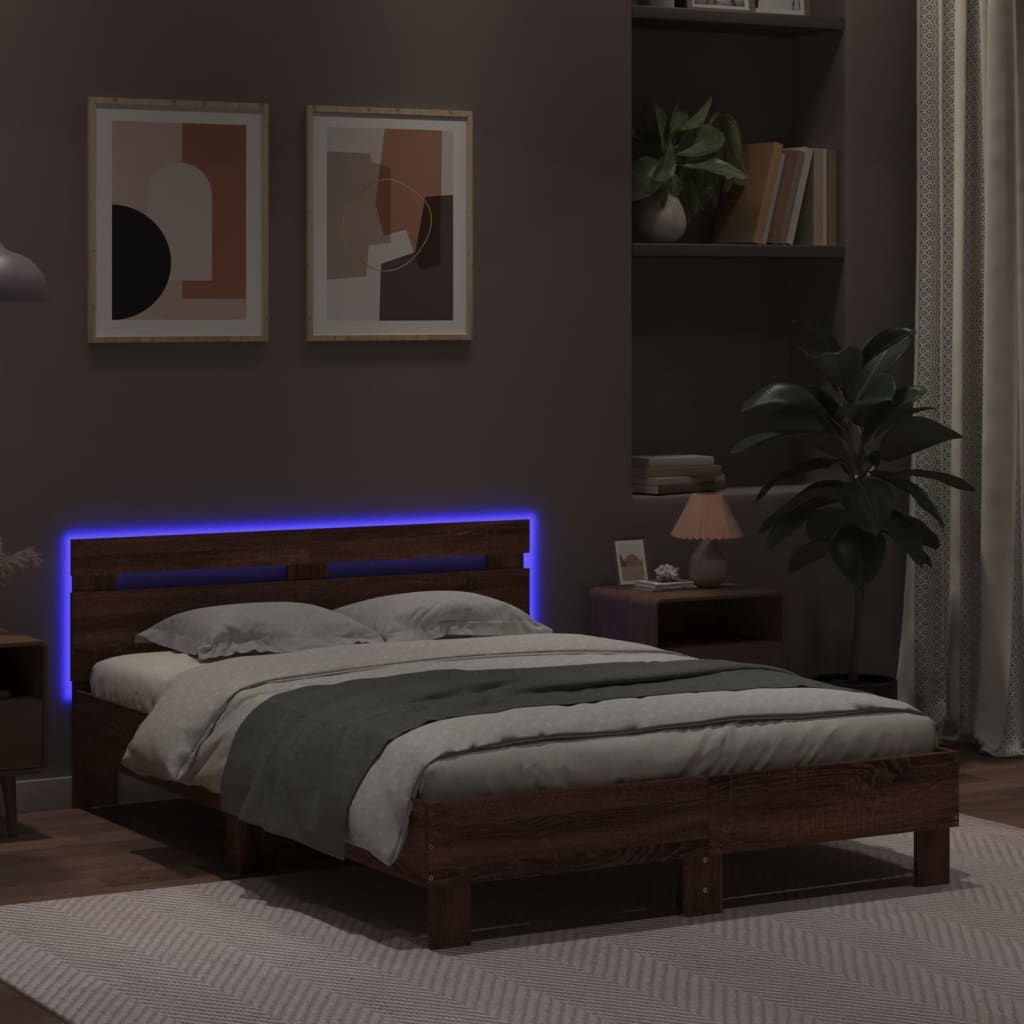Рамка за легло с табла и LED, кафяв дъб, 120x200 см