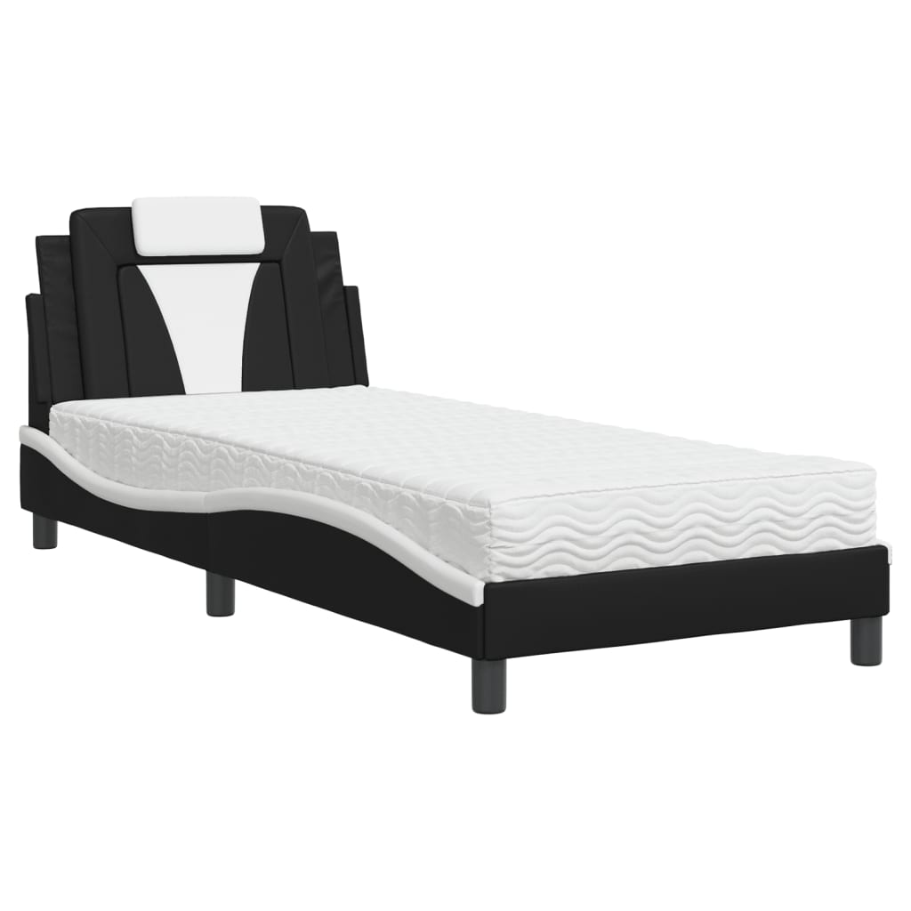 Легло с матрак, черно и бяло, 90x200 см, изкуствена кожа