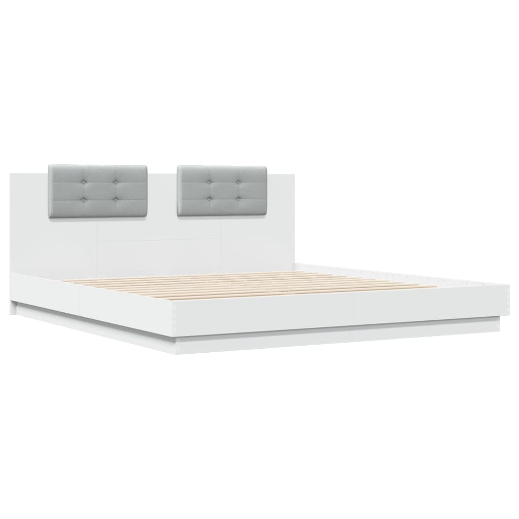 Рамка за легло с горна табла и LED светлина, бяла, 200x200 см