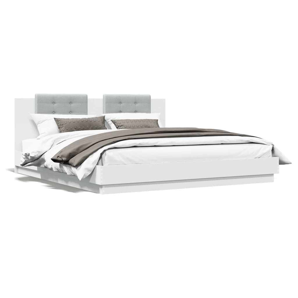 Рамка за легло с горна табла и LED светлина, бяла, 200x200 см