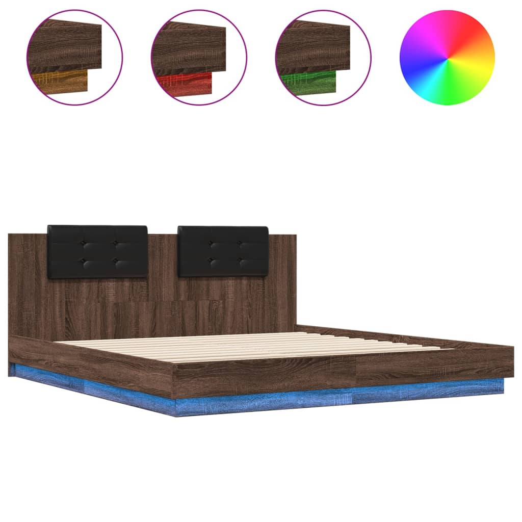 Рамка за легло с табла и LED осветление, кафяв дъб, 200x200 см
