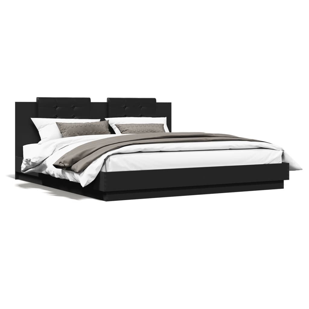 Рамка за легло с табла и LED осветление, черна, 180x200 см