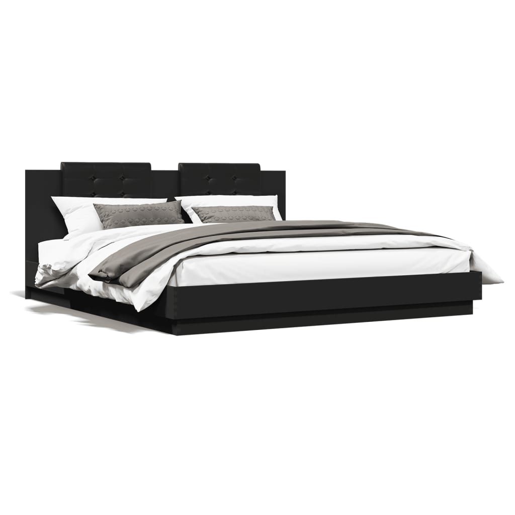 Рамка за легло с табла и LED осветление, черна, 160x200 см