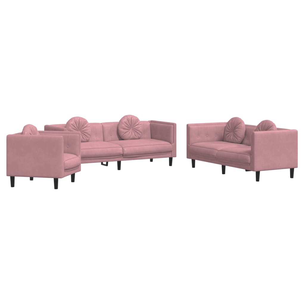 Комплект дивани от 3 части с възглавници, розов, кадифе