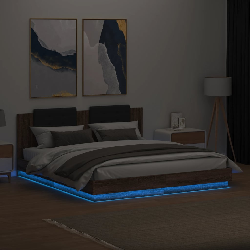 Рамка за легло с табла и LED осветление, кафяв дъб, 160x200 см