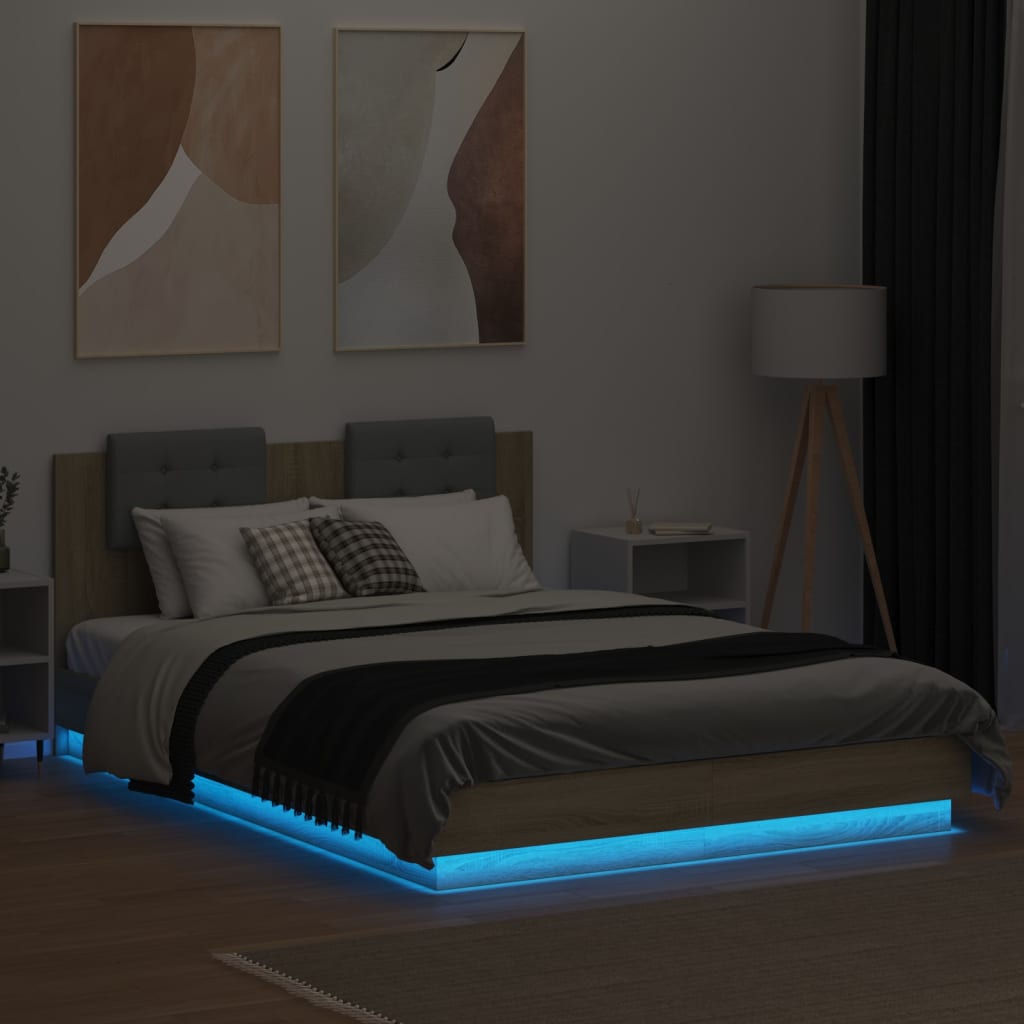 Рамка за легло с табла и LED осветление, дъб сонома, 150x200 см