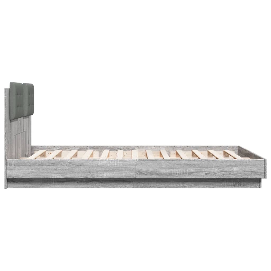 Рамка за легло с табла и LED осветление, сив сонома, 150x200 см