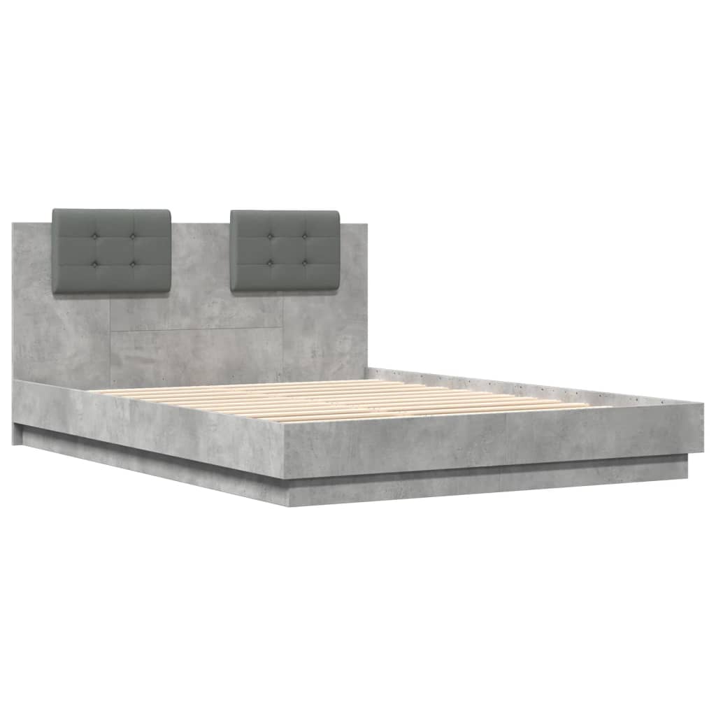 Рамка за легло с табла и LED осветление бетонно сив 140x200 см