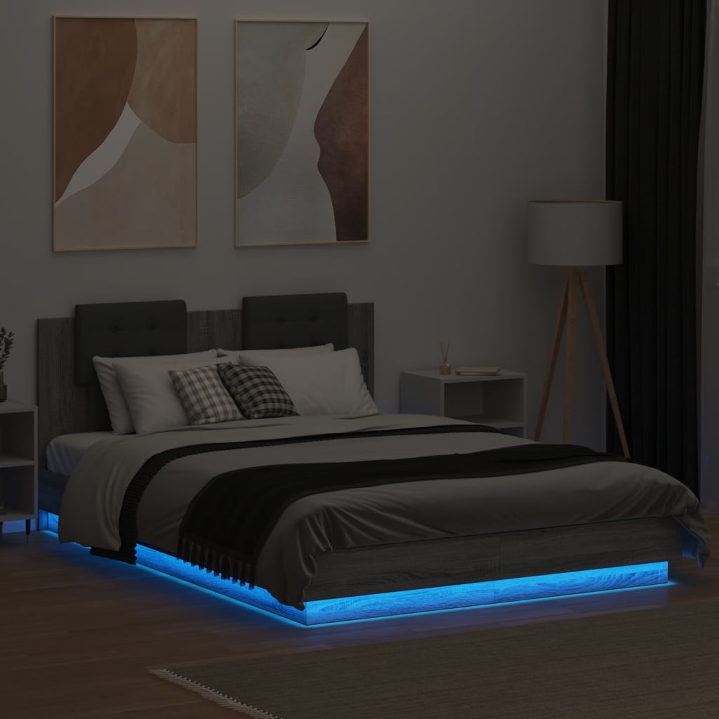 Рамка за легло с табла и LED осветление, сив сонома, 140x200 см
