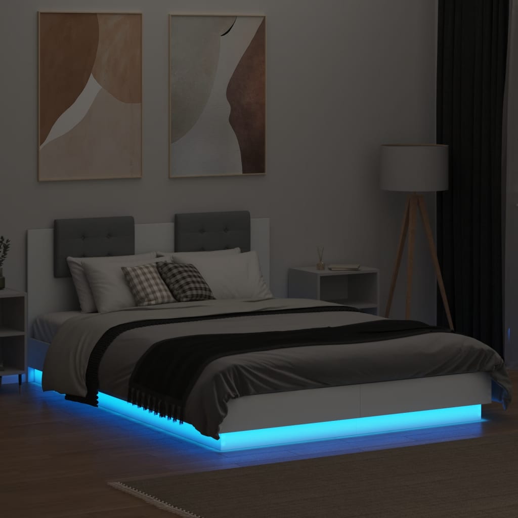 Рамка за легло с табла и LED осветление, бяла, 120x200 см