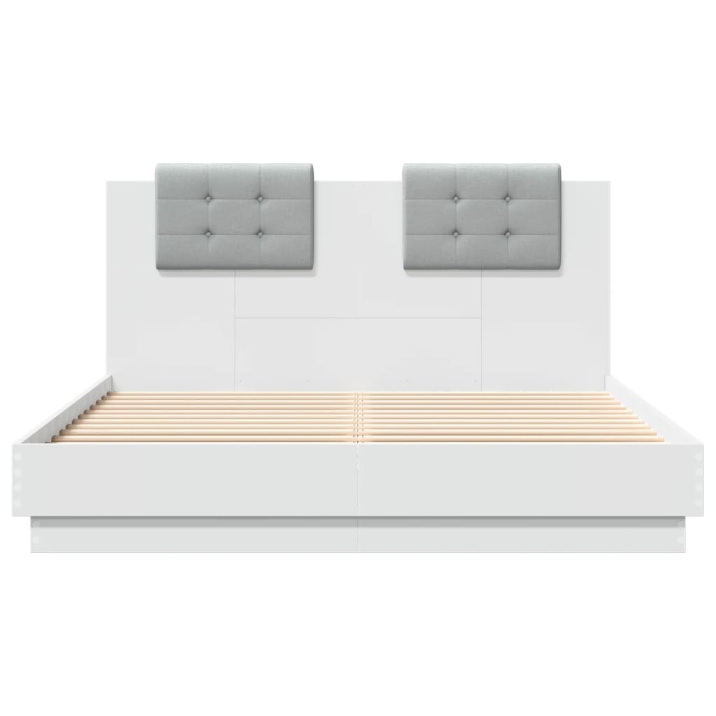 Рамка за легло с табла и LED осветление, бяла, 120x200 см