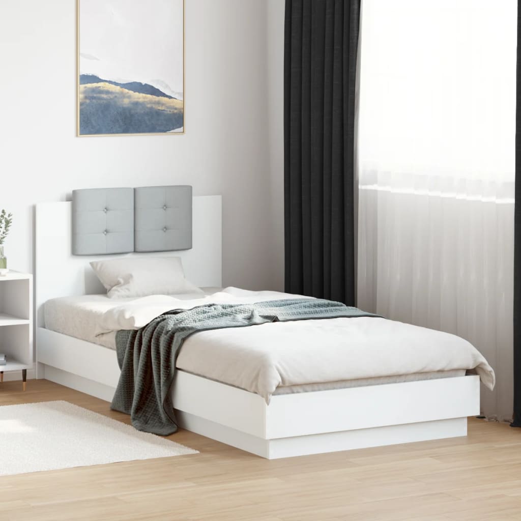 Рамка за легло с табла и LED осветление, бяла, 100x200 см