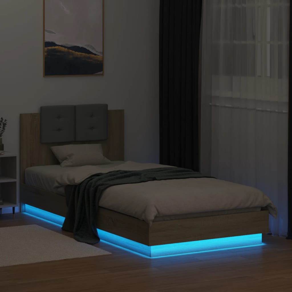 Рамка за легло с табла и LED осветление, дъб сонома, 100x200 см
