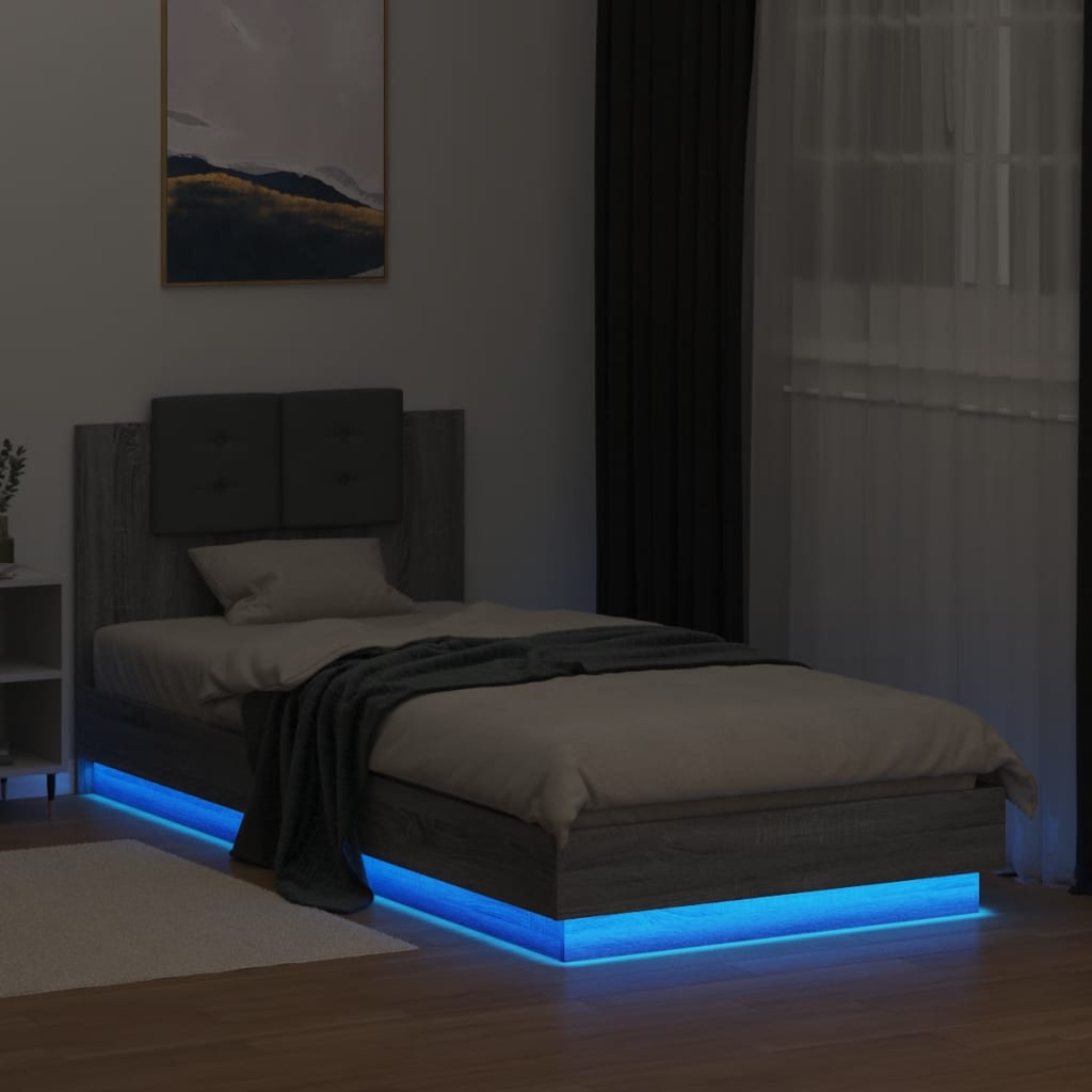 Рамка за легло с табла и LED осветление, сив сонома, 100x200 см
