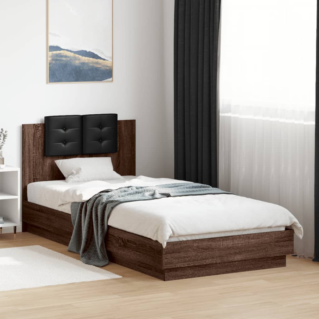 Рамка за легло с табла и LED осветление, кафяв дъб, 100x200 см