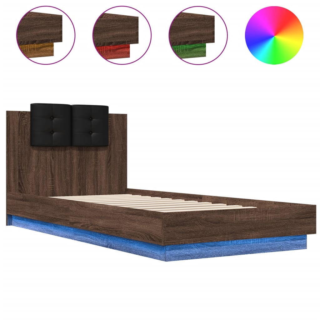 Рамка за легло с табла и LED осветление, кафяв дъб, 90x200 см
