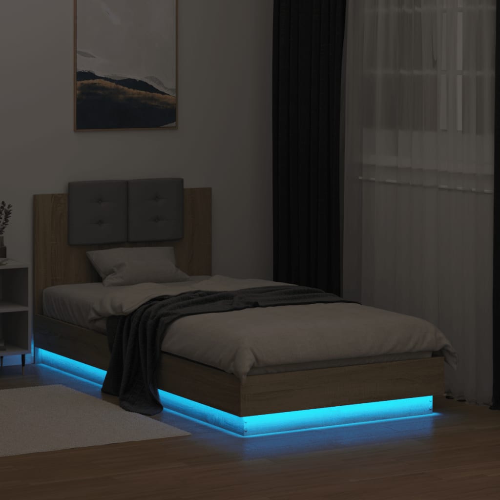 Рамка за легло с табла и LED осветление, дъб сонома, 90x190 см