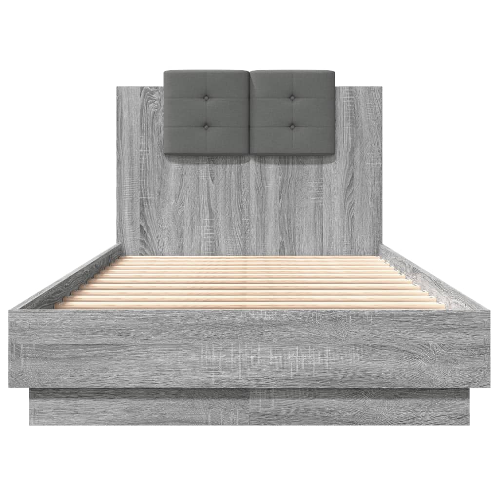 Рамка за легло с табла и LED осветление, сив сонома, 90x190 см