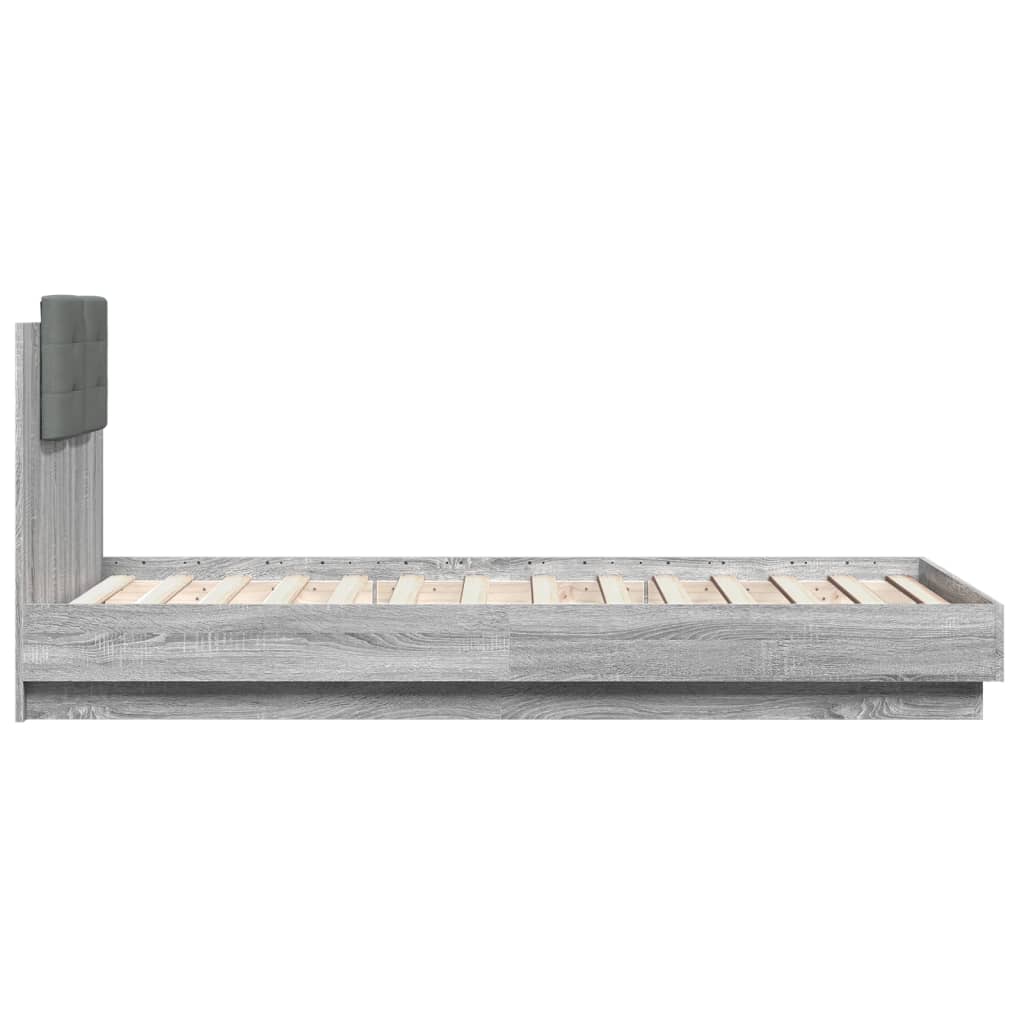 Рамка за легло с табла и LED осветление, сив сонома, 90x190 см