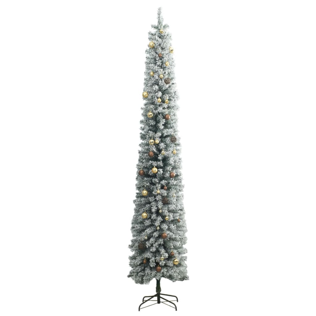Тънка коледна елха с 300 LED, топки и флокиран сняг, 300 см