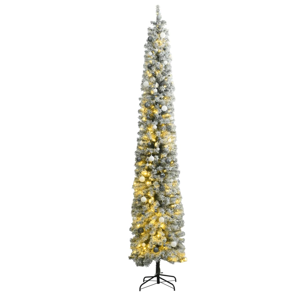 Тънка коледна елха с 300 LED, топки и флокиран сняг, 270 см