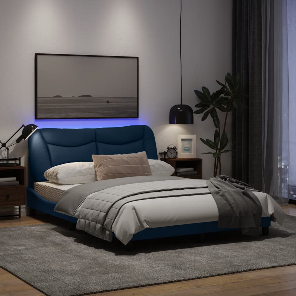 Рамка за легло с LED осветление, синя, 140x190 см, плат