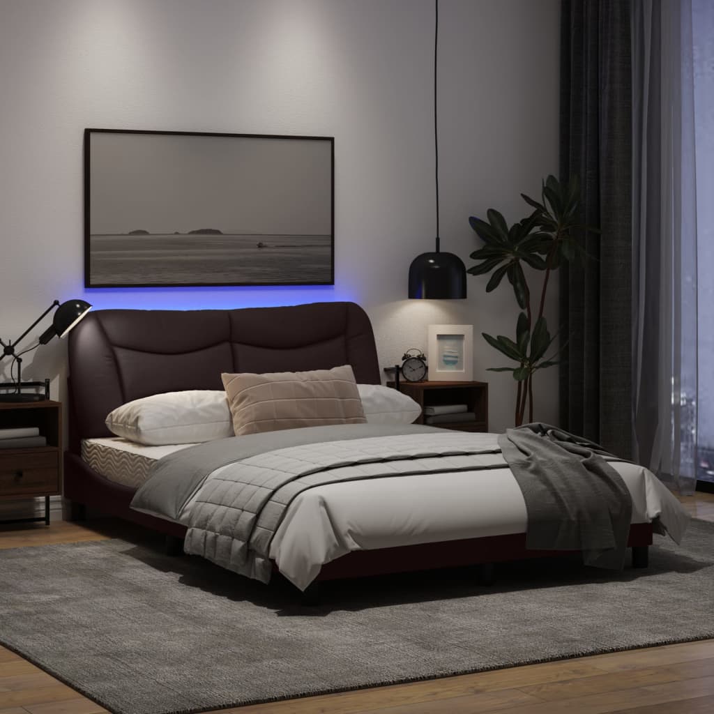 Рамка за легло с LED осветление, тъмнокафява, 140x200 см, плат